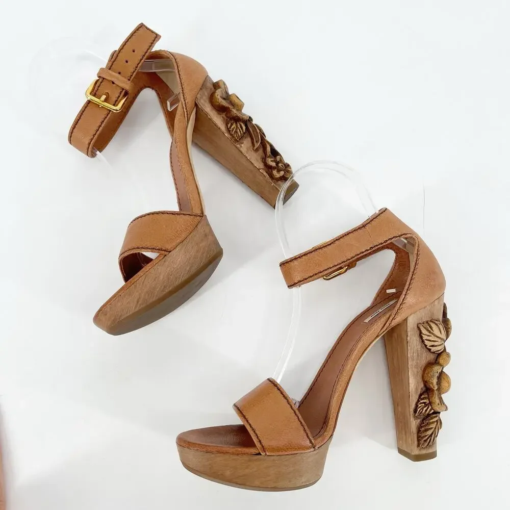 Miu Miu Vintage Camel Tan Floral Flower Carved Wood Heel Platform Sandal IT 37.5 - Picture 5 of 12